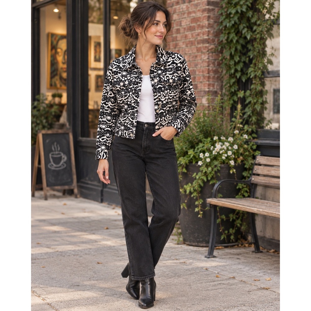 Ruby Rd Petite 6P Black White Geometric Jacket Cropped Artsy Y2K Statement